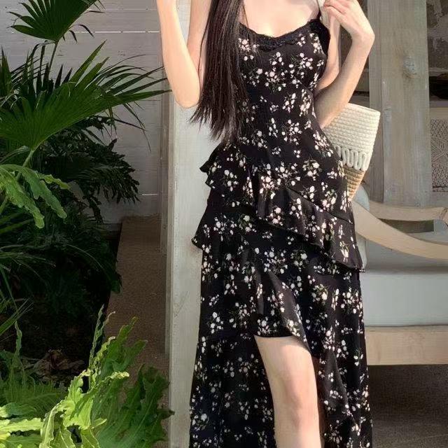 Black Floral Camisole Dress for Women - 2025 Summer Retro Mid-Length with Waist Slimming Design