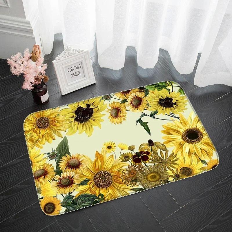 Sunflower Series Door Mat Non Slip Bathroom Kitchen Rugs for Home Living Room Decoration Flower Printed Washable Entrance Carpet