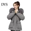Warm Cotton Jacket Women Winter Coat Thick Plush Furry Hooded Long Sleeves Pockets Lightweight Puffer Drawstring Waist Zip-up Windproof Mid