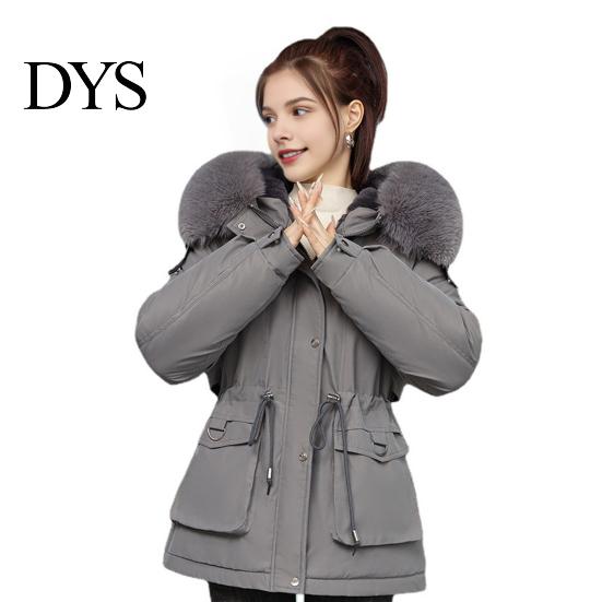Warm Cotton Jacket Women Winter Coat Thick Plush Furry Hooded Long Sleeves Pockets Lightweight Puffer Drawstring Waist Zip-up Windproof Mid