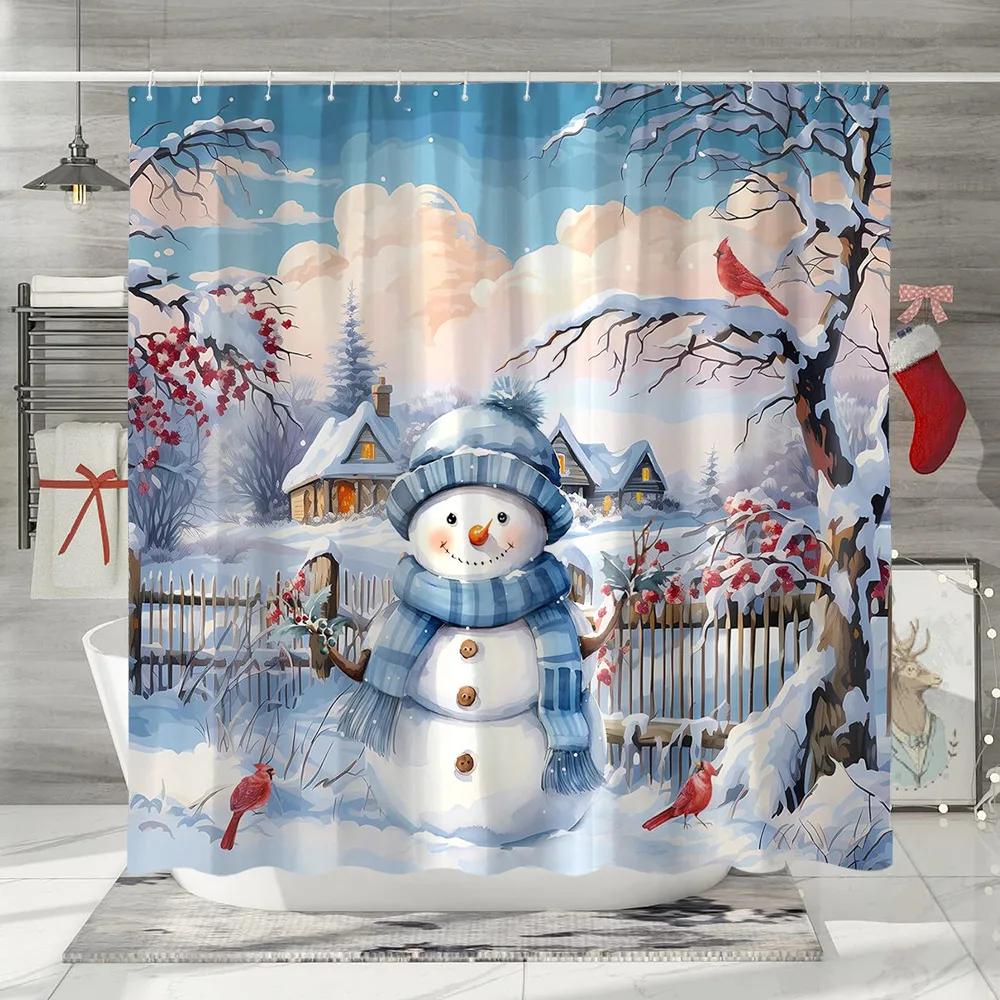 GAEChristmas Shower Curtain Santa Claus Snowman Elf Snowflake Cartoon Winter Rustic Home Polyester Fabric Bathroom Decor