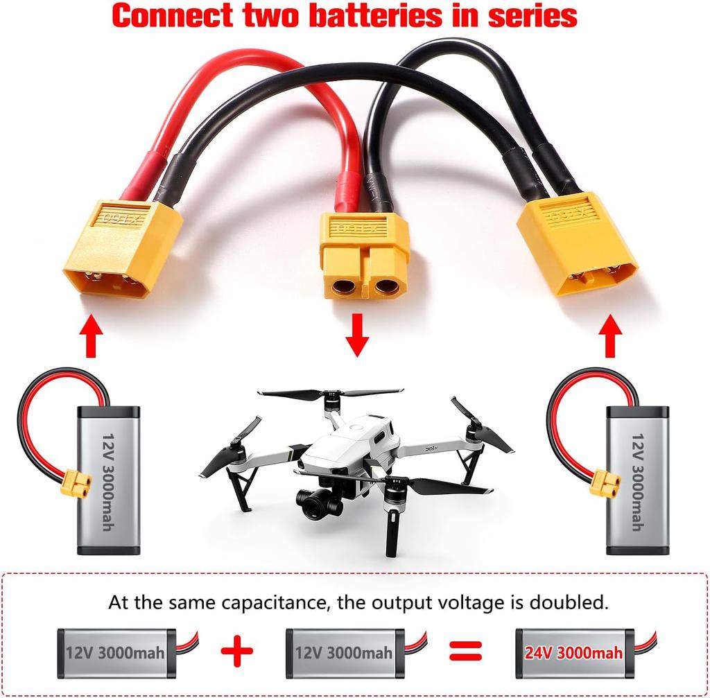 2Pcs XT60 Series Adapter Cable for 2 Lipo – Voltage Increase, Male Female Connector – For RC Models, Silicone, Yellow Red Black