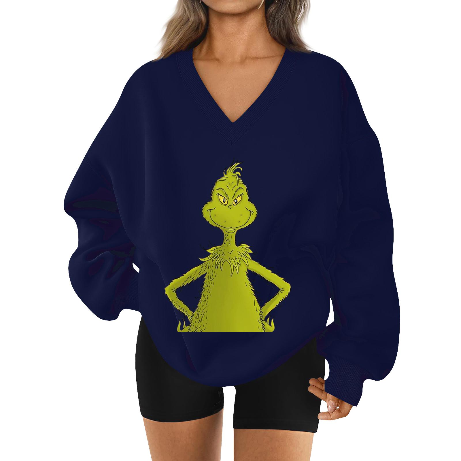 

Женская свободная и удобная спортивная одежда с V-образным вырезом и надписью, толстовка с длинным рукавом, повседневная одежда для сочетания M тёмно-синий