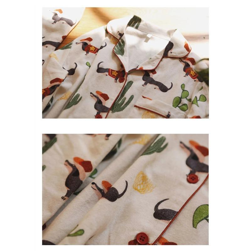 Spring Brushed Cotton Women's Pajama Cactus Print Two Pieces Long Sleeve Tops Full Length Pants Elastic Waist