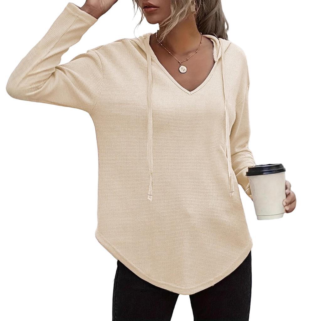 Women's V-Neck Long Sleeve Hoodie - Casual Pullover Sweatshirt for Daily Wear