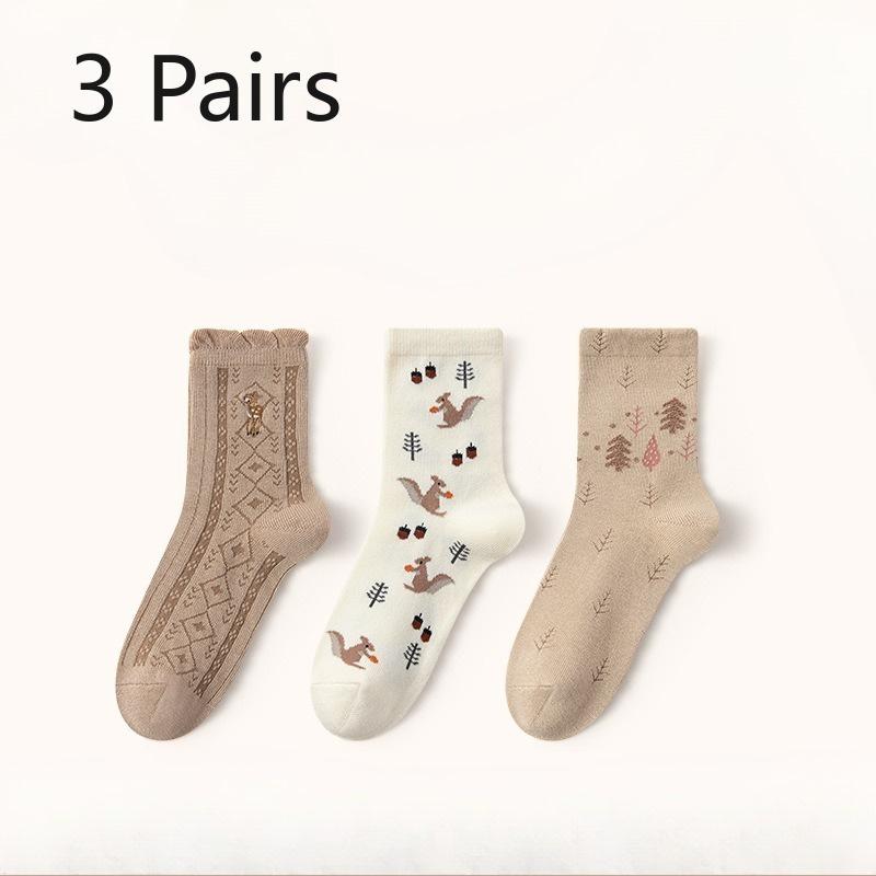 3 Pairs of Autumn and Winter Cartoon Teddy Bear Girls' Mid-calf Socks, Cute Cotton Socks with Check Patterns, Casual Socks