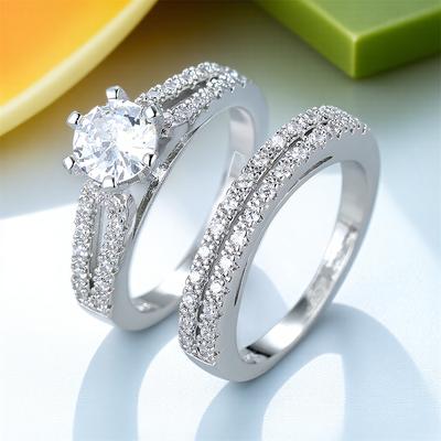 2pcs/Set Round Stone White Zircon Ring Sets For Women Vintage Silver Color Engagement Bands Wedding Rings Versatile Jewelry Gift