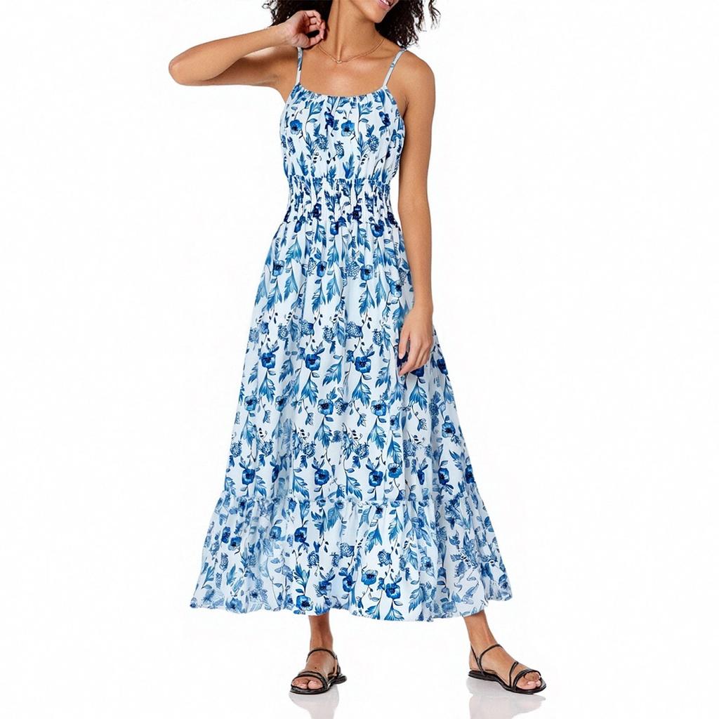 Dámské letní maxi šaty bez rukávů květinový špagetový pásek Smocked Boho Beach dlouhé šaty plážové oblečení na dovolenou