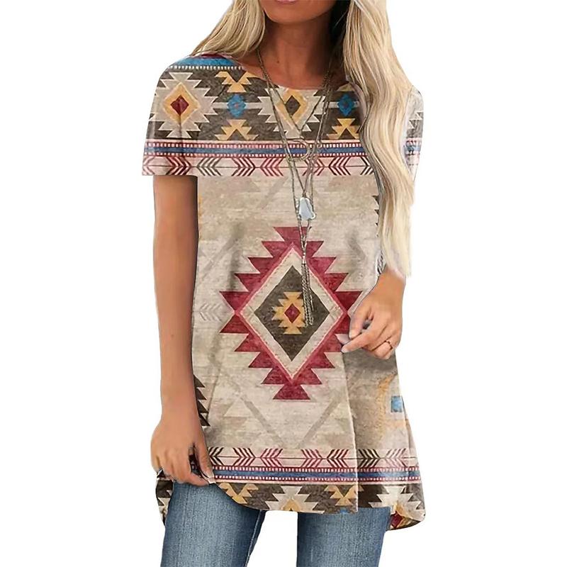 Tricou în stil etnic occidental Imprimare 3D Geometrie Îmbrăcăminte de stradă pentru femei Tricouri cu tunică retro Y2K Topuri Tricouri Femei Fată Îmbrăcăminte supradimensionată