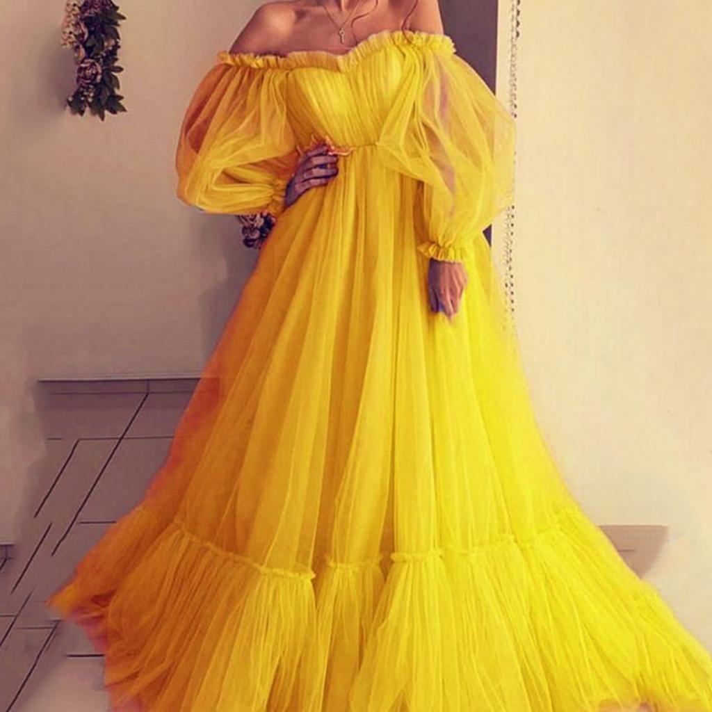 Neues Damen Europäisch-Amerikanischer Stil Schulterfrei Tüll Langarm A-Linie Hochzeitskleid Partykleid