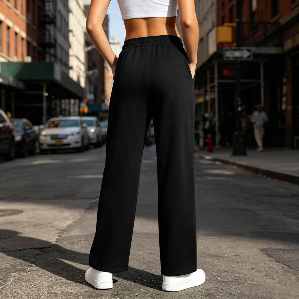 Women's Casual High Waist Wide Leg Split Hem Sweatpants Loose Fit Pants