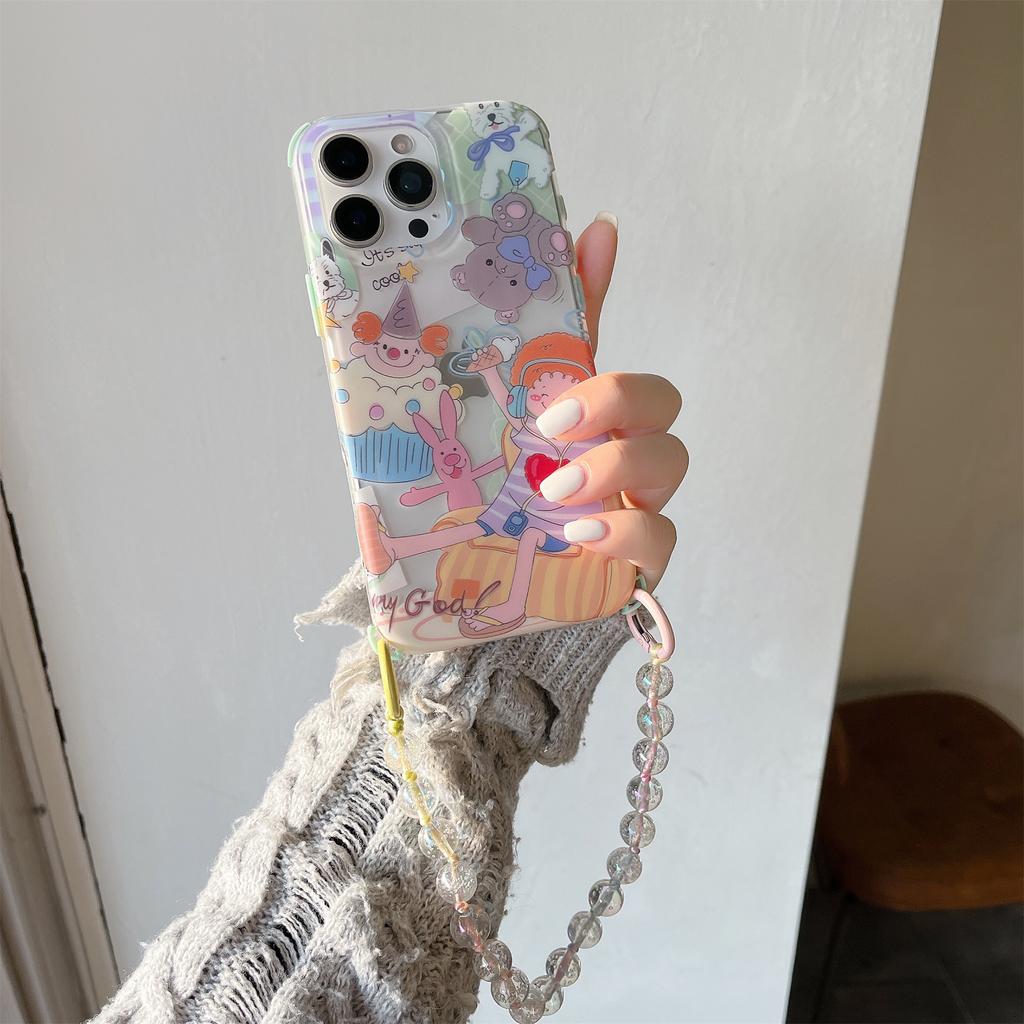 For iPhone 15 Pro Case IMD Cute Music Girl TPU Phone Cover with Beaded Strap