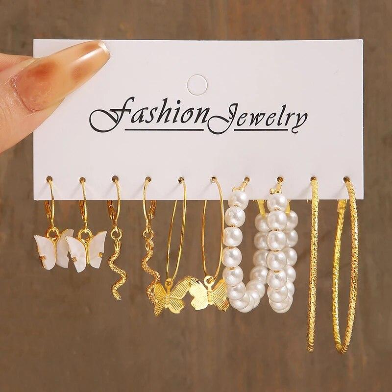 17KM Vintage Gold Color Hoop Earrings Set Pearl Metal Dangle Earrings for Women Crystal Twist Earrings Trendy Fashion Jewelry