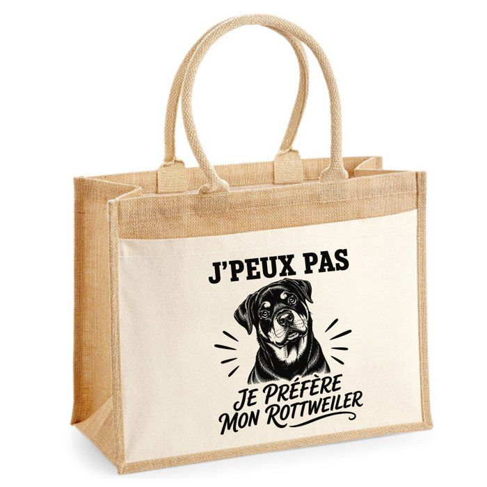 Sac Cabas Jute avec Poche J’peux pas je préfère mon Rottweiler J'peux pas minimaliste | Toile de Jute et Coton 21 L Fond Plat Anses