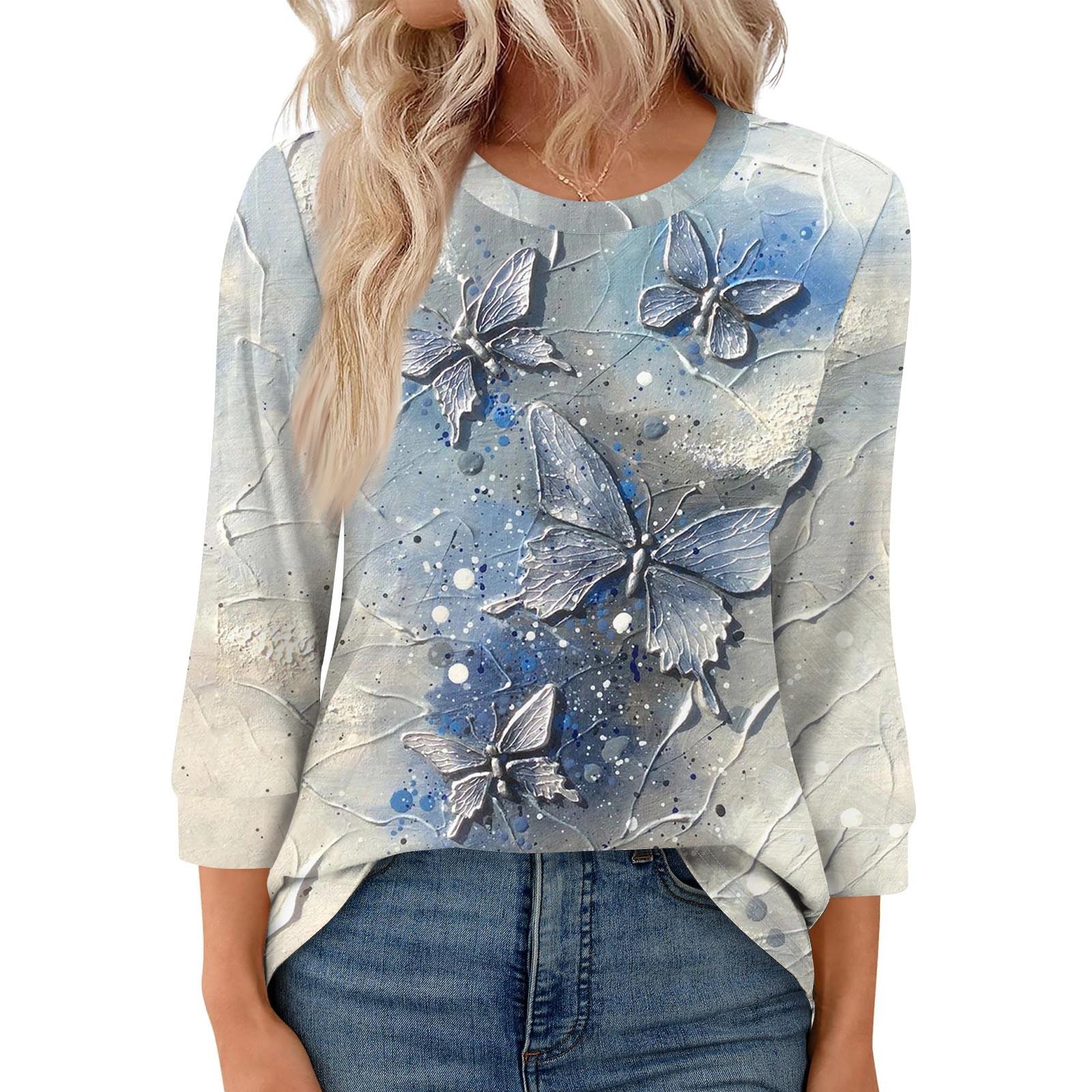 

Women s Fashion Casual Round Neck 3/4 Sleeve Loose Printed T-Shirt Ladies Top XL небо синє кольору