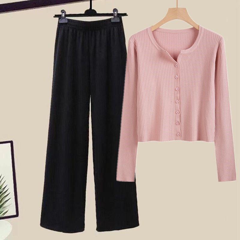 Two-Piece Women's Autumn Knit Set: Korean Short Sweater & Casual High-Waist Wide-Leg Pants
