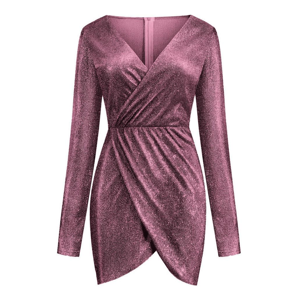 Módní dámské šaty s horkou ražbou, dlouhý rukáv, výstřih do V, sexy