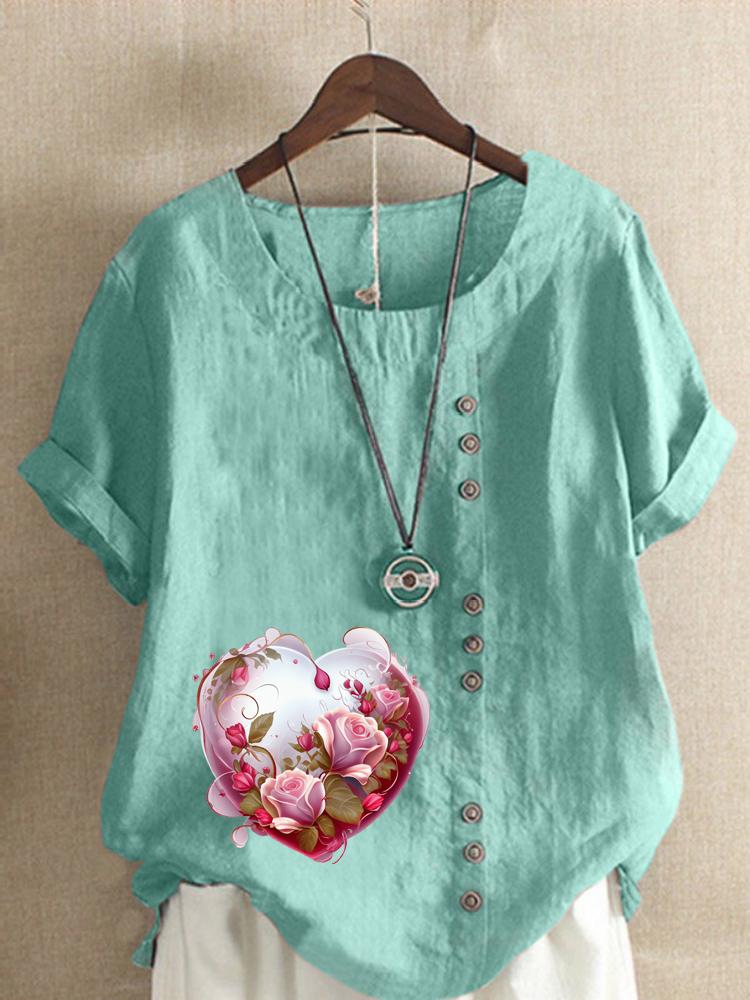 Women's Fashion Love Shaped Pattern Print Shot Sleeve T-shirt Loose Cotton Shirt Casual Loose Summer Plus Size Blouse Tops