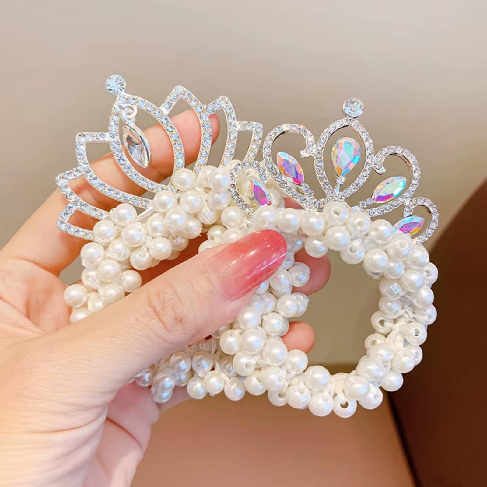 

2PC Fashion Pearl Crown Princess Hair Bands Elastic Rubber Bands Children Ball Hair Bun Ties Hair Styling Accessories
