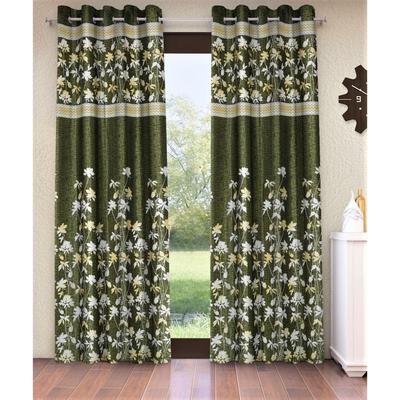2 Piece Flower Border Panel Eyelet Polyester Window Curtains - Green