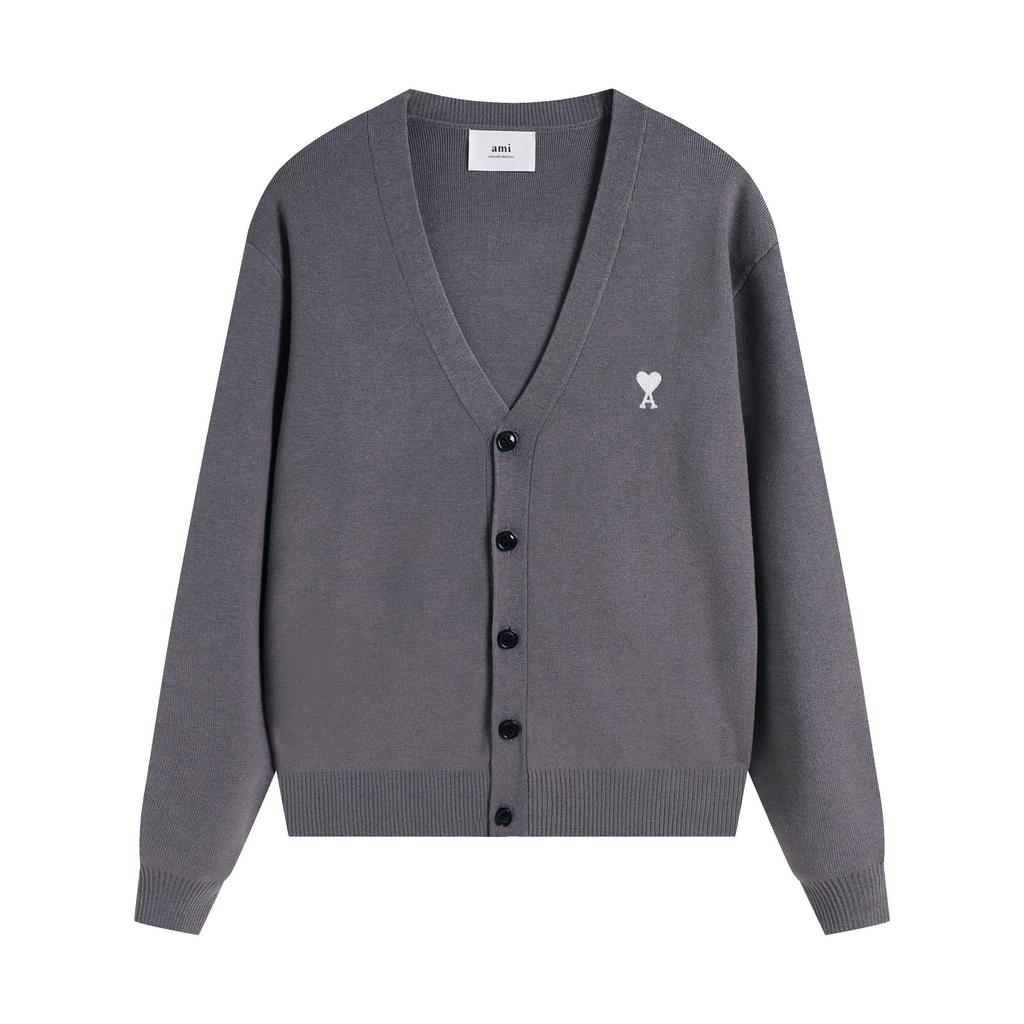 AMI Jesień i Zima Męski Nowy Małe Białe Serce Mieszanka Wełny Alpaki Miękki i Przyjemny Dzianinowy Kardigan Okrągły Dekolt Sweter Chmurka Kieszeń Płaszcz