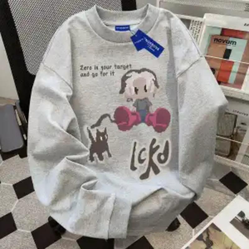 Reines Baumwoll-T-Shirt mit amerikanischem Rundhalsausschnitt, locker, langärmlig für Damen, Herbst, neu, lässig, vielseitiges Design, Oberteil