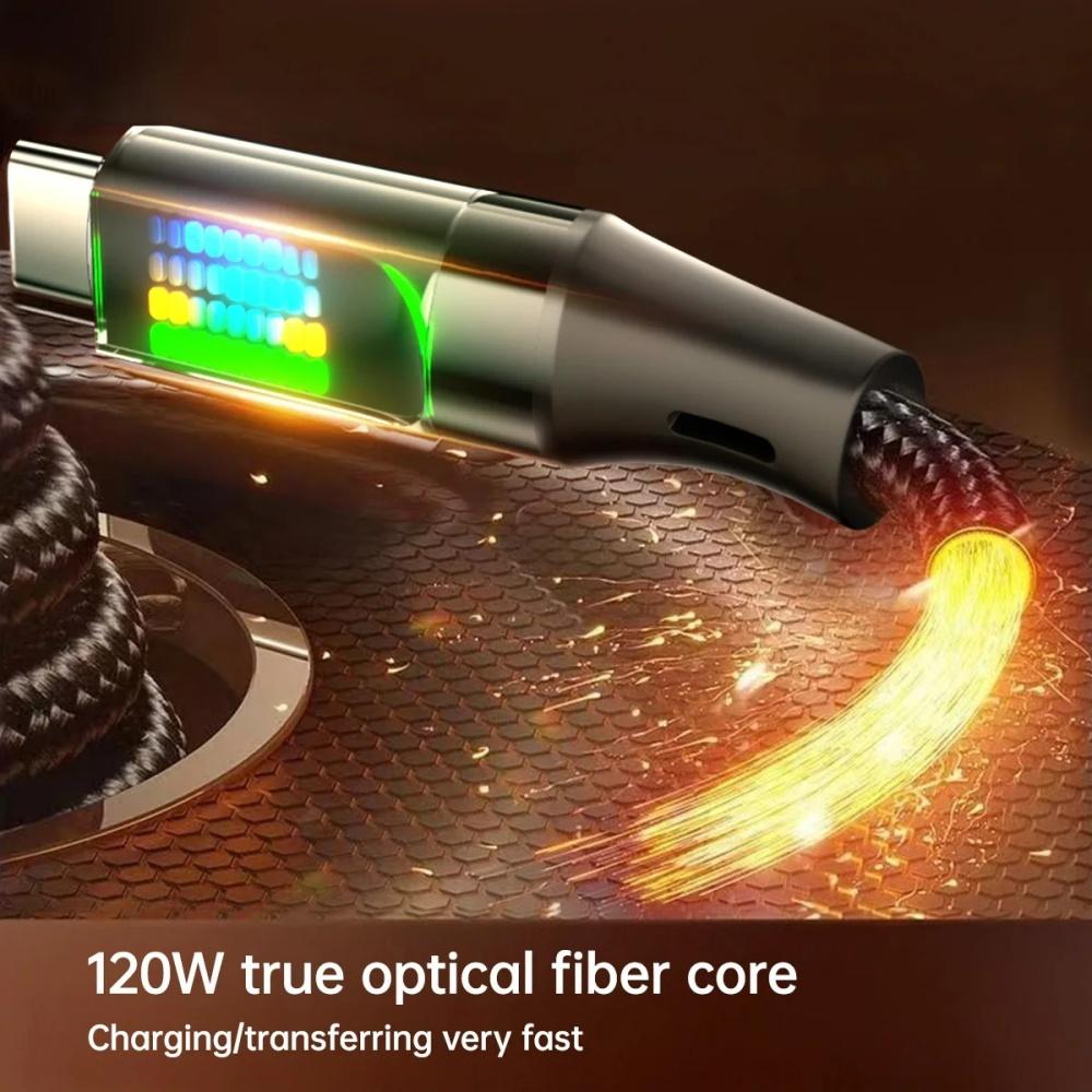 120W 6A Type C Fast Charging Cable USBA to Type C Nylon Data Cord for iPhone Xiaomi Samsung With Led Display USB C Charger Cable