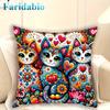 1Pc Boho Vibrant Cat & Floral Print Peach Fuzz Velvet Pillow Cover Soft Plush Texture | Hidden Zipper & Machine Washable