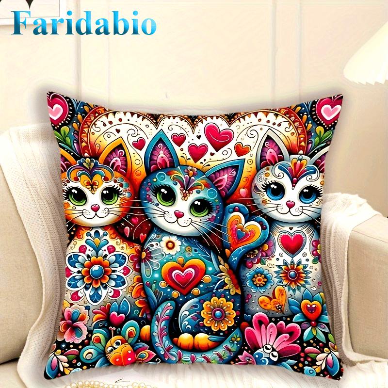 1Pc Boho Vibrant Cat & Floral Print Peach Fuzz Velvet Pillow Cover Soft Plush Texture | Hidden Zipper & Machine Washable