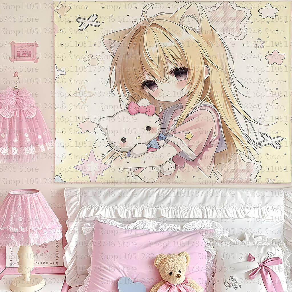 Japanese vintage style cute girlthemed wall hanging Ins background cloth student bedroom bedside decoration tapestry