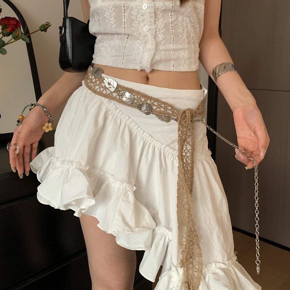 Ethnic Style Cotton and Linen Woven Belt Long Silver Leaves Waist Chain  Spicy Girls