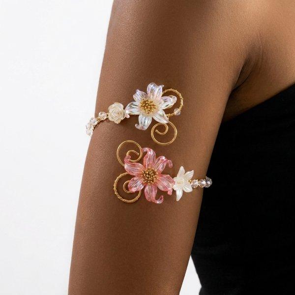 Boho Elegant White Flower Open Cuff Armlet for Women Vintage Gold Wire Wrapped Adjustable Arm Bracelet Beach Body Jewelry