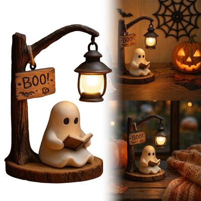 Resin Reading Ghost Figurine Hanging Lantern LED Ghost Decoration  Bookshelf Decor