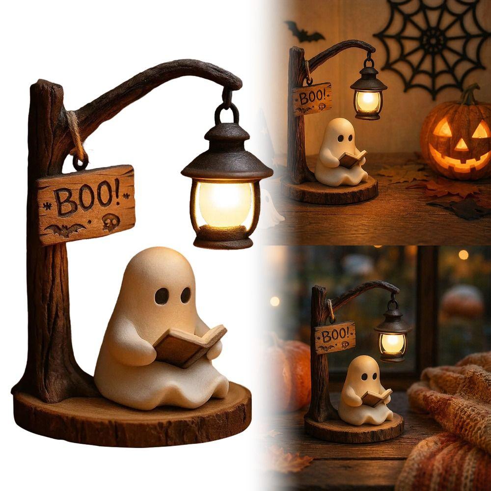 Resin Reading Ghost Figurine Hanging Lantern LED Ghost Decoration Bookshelf Decor