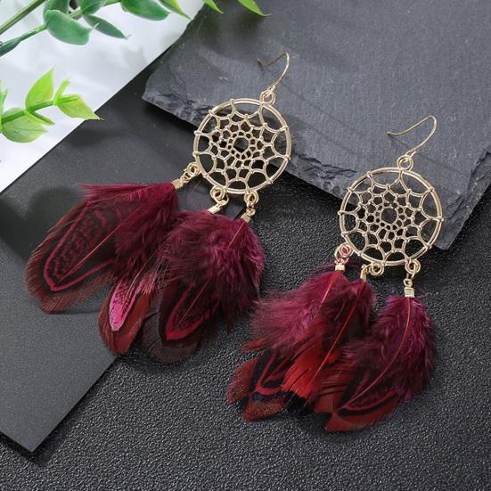 1 Pair Retro Bohemia Women Hook Earrings Feather Tassel Round Drop Earrings