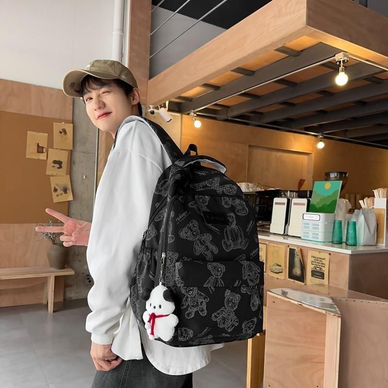 Cartoon Print Cute Bear Unisex Laptop Backpack For College High School Students Waterproof Nylon Material