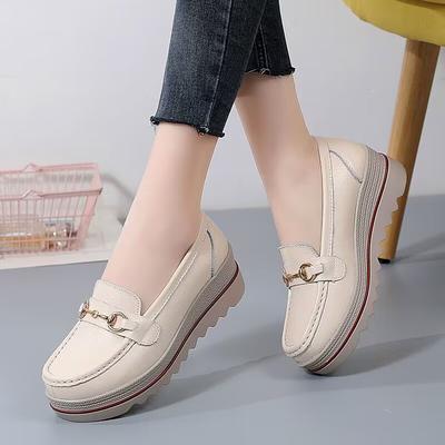 Comfortable Muffin Shoes Women's Metal Buckle Wedge Heel Cowhide Spring Platform British Style Casual