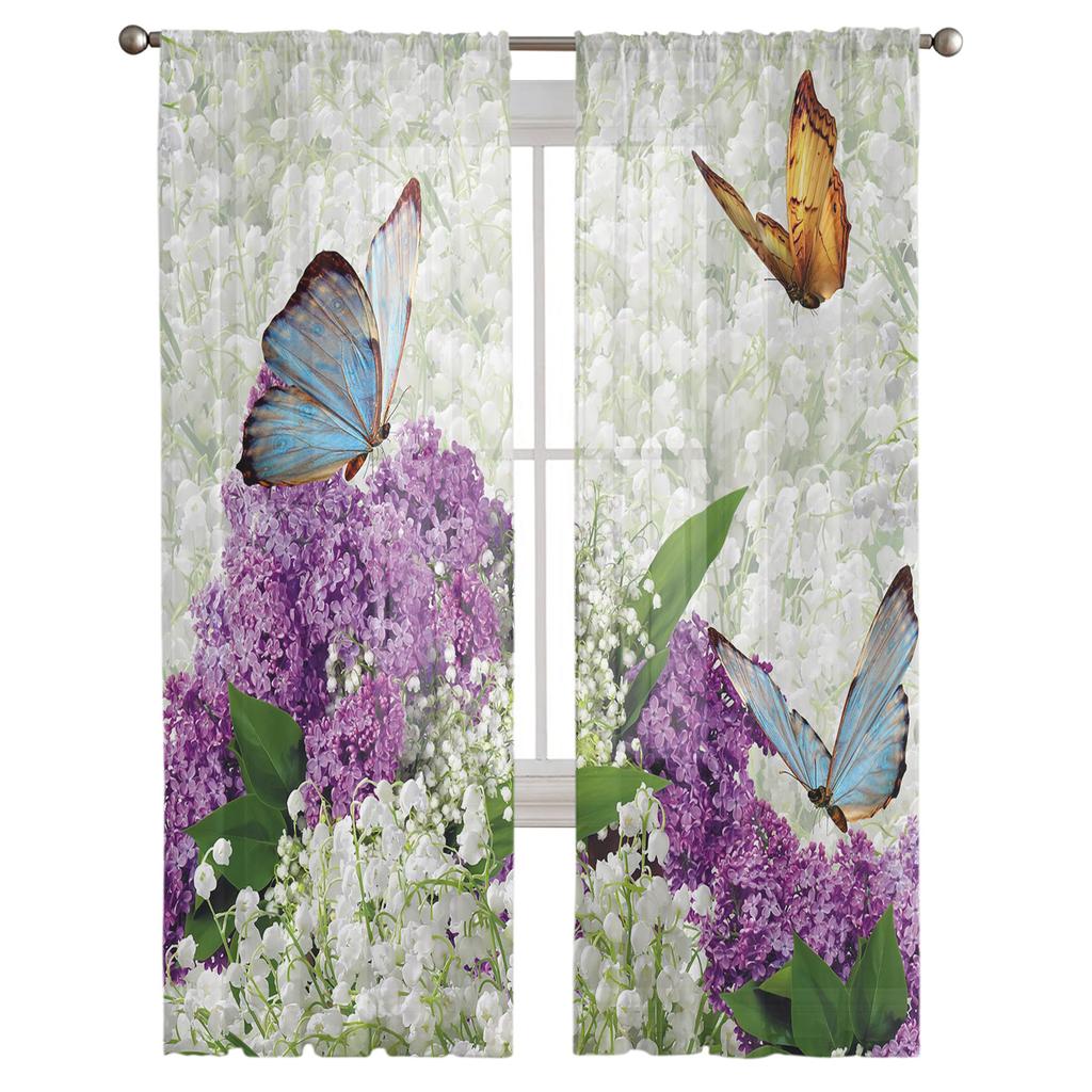 Flowers Bouquet Butterfly Sheer Curtains Window Tulle Curtains For Living Room Bedroom For Kitchen Veiling Curtains Decoration