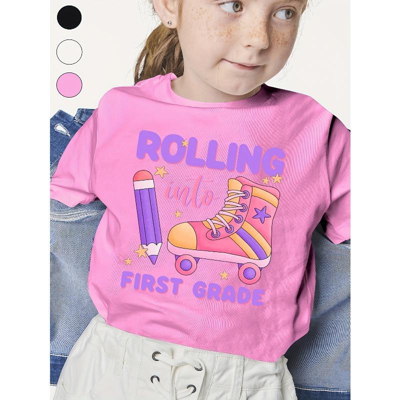 European Size Girls Summer Casual Short Sleeved T Shirt Roller Skates and Letter Print