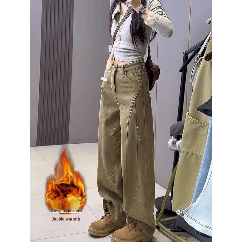 Women s Khaki Wide-Leg Fleece Jeans with Rhinestones - Winter 2025: Slimming, Loose Fit S
