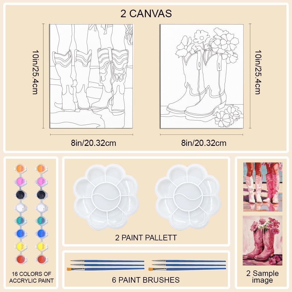 WEBEEDY Pre Drawn Canvas for Painting Retro Canvas Painting Set with Pink Cowgirl Boots Pattern,Outline Painting Boards for Beginners Funky Room Wall