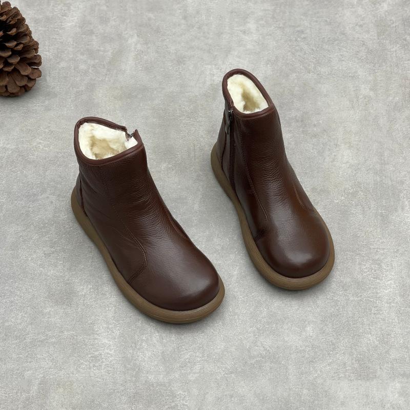 Johnature Genuine Leather Cotton Boots Handmade Retro Flat Round Toe Soft Cowhide Wool Women's Short Boots