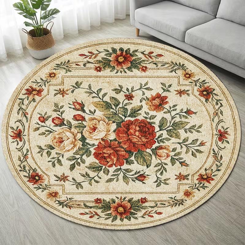 Vintage Cottagecore Red Mushroom Wildflower Round Rug Soft Non Slip Circular Carpet for Bedroom Living Room Home Decor
