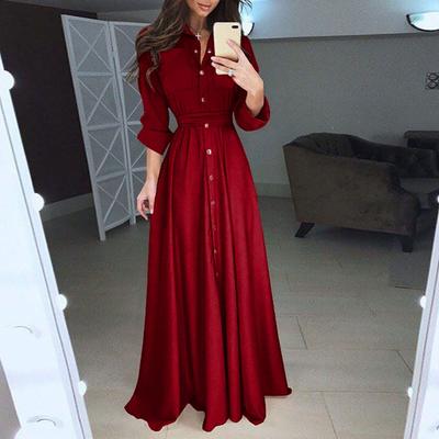 Sexy Lapel Maxi Dress Womens Casual Long Sleeve Solid Elegant Long Party Dress Soft Touch Autumn Winter Pleated Dresses