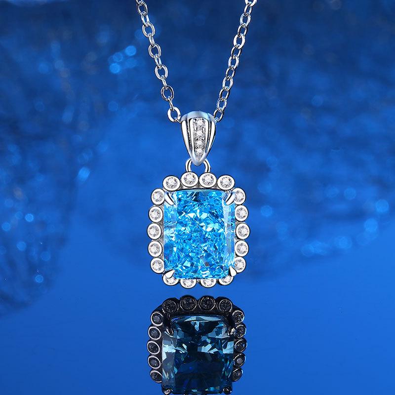 Women's Light Luxury Set: 925 Sterling Silver Aquamarine Necklace, Earrings, and Ring with High Carbon Diamond Accents.