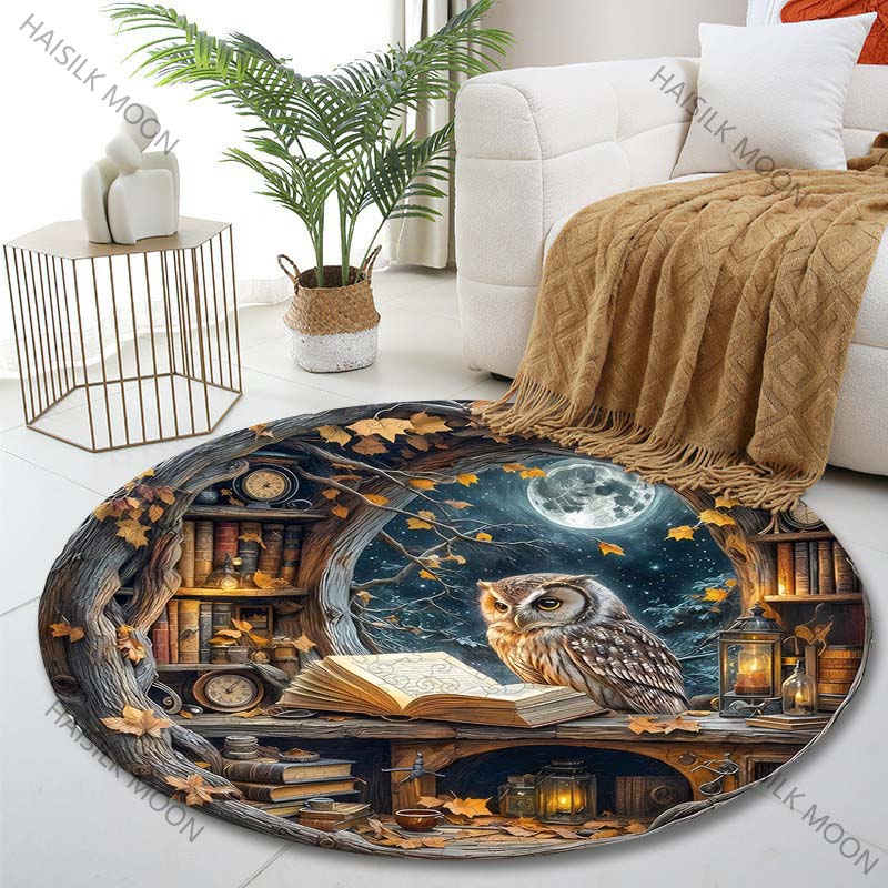 

Multiple sizes Owl Reading in the Bookstore Print Round Carpet Living Room Bedroom Table Chair Sofa Decorative Carpet Diameter -60cm
