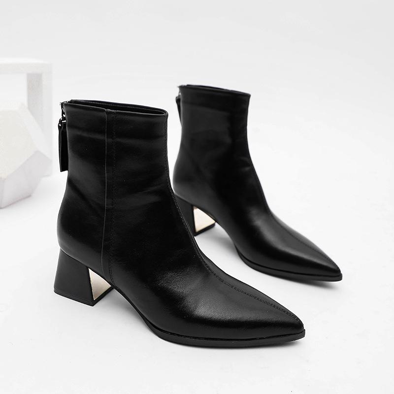 2024 high-heeled short boots for women's autumn and winter new rear zipper thick-heeled women's boots Korean version pointed brown short boots for chi