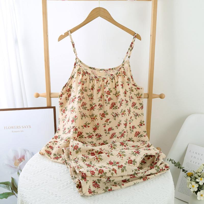 Crepe Cotton Yarn Print Multi-color Women's Summer Suspender Short Sleeve Shorts Set Loungewear Pajamas