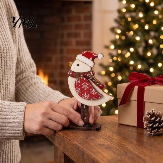 Winter Home Accents Christmas Bird Wooden Figurine with Santa Hat & Scarf, Cute Holiday Desk Ornaments Tabletop Decor, Festive Shelf Ornament