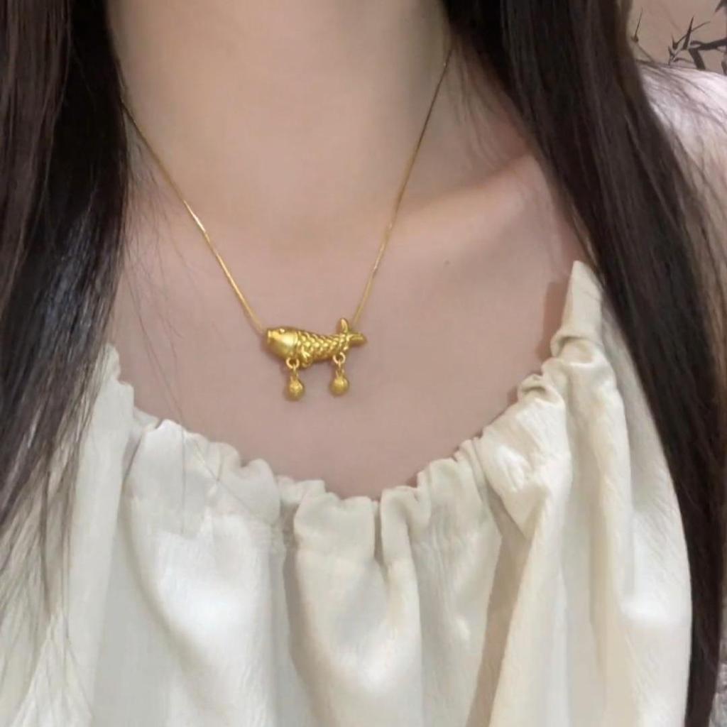 Exquisite Ancient Style Sand Gold Koi Pendant Necklace with Fu Bell Chain